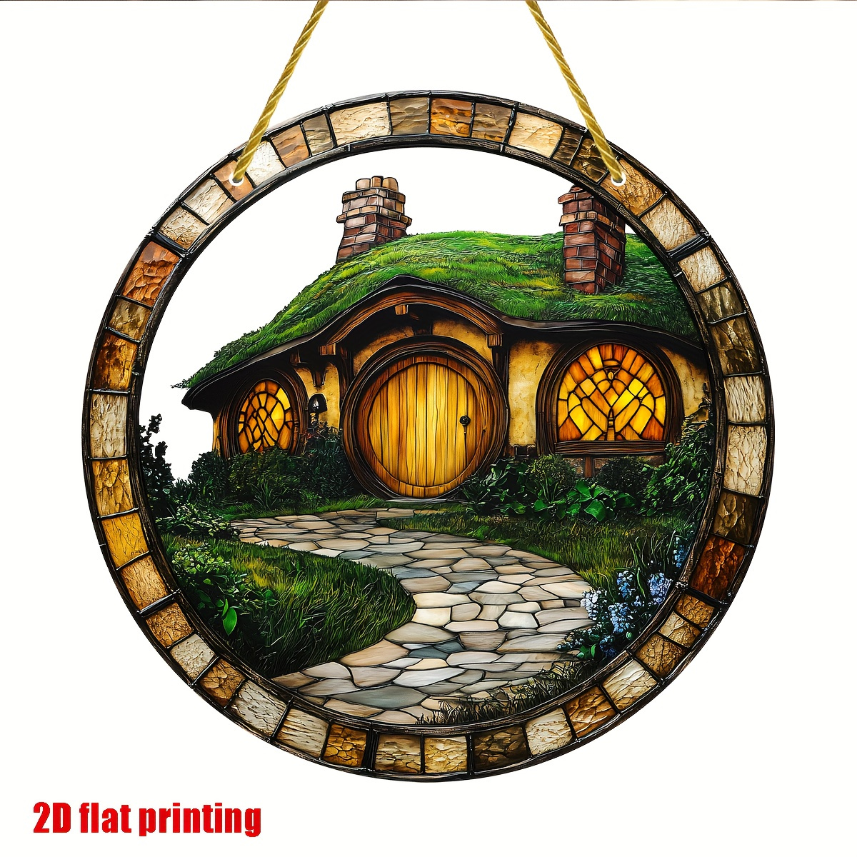 E-shop 2D Flacher Cottage Lichtfänger, 8 Zoll x 8 Zoll Acryl Fensterhängung, Ländliches Märchenkunstwerk, Ideal für Wohnzimmer, Veranda und