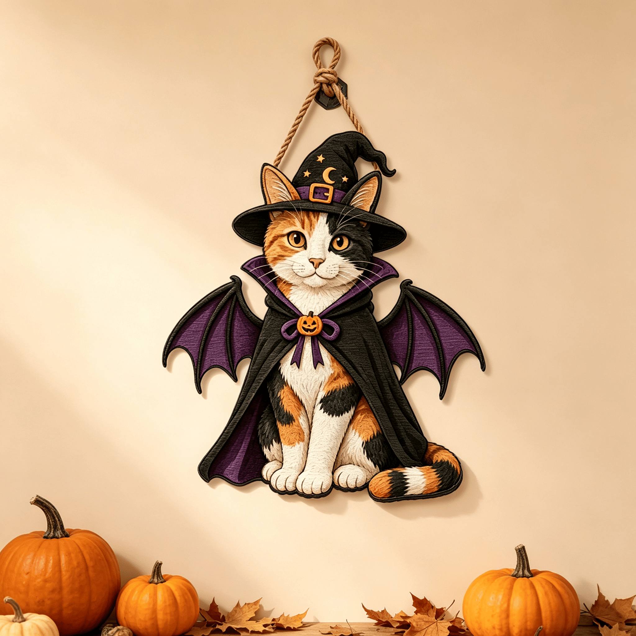 TEMU 2d Flat, 1pc Wooden Three-knot Cat Door Ornament With Bat Wings For Halloween/christmas/thanksgiving, Hanging Decor, Porch Witch Cat Sign, Gift
