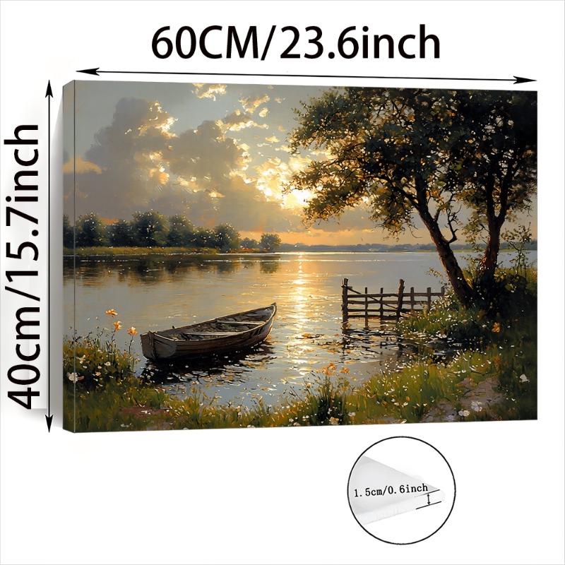 TEMU 2D plat, 2D plat, 2D plat 1pc sur toile encadrée en bois représentant une vue sur une avec un bateau au coucher , parfait à accrocher comme