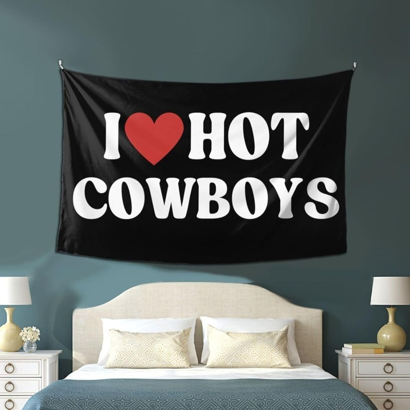 TEMU 1pc "i Love " Tapestry Wall Art, Fun Western Rodeo Decor With Black And Red , Polyester Peach Beige Fabric, Horizontal Hanging Suitable For