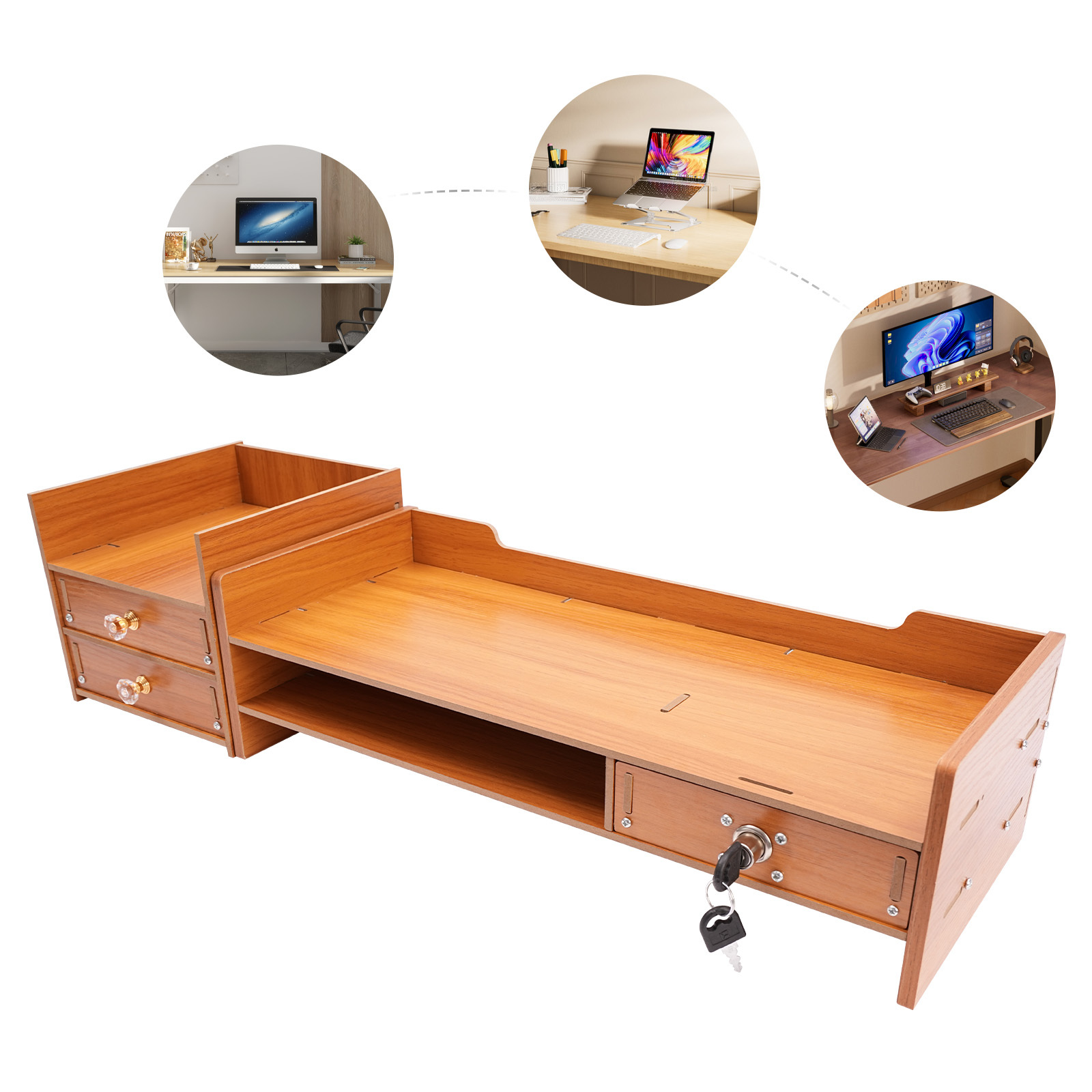 E-shop Monitorständer mit Aufbewahrungsfunktion, großer Computer-Laptop-Ständer mit Schublade, Schreibtisch-Organizer für Haushalts- Bürobedarf, 65,5 x