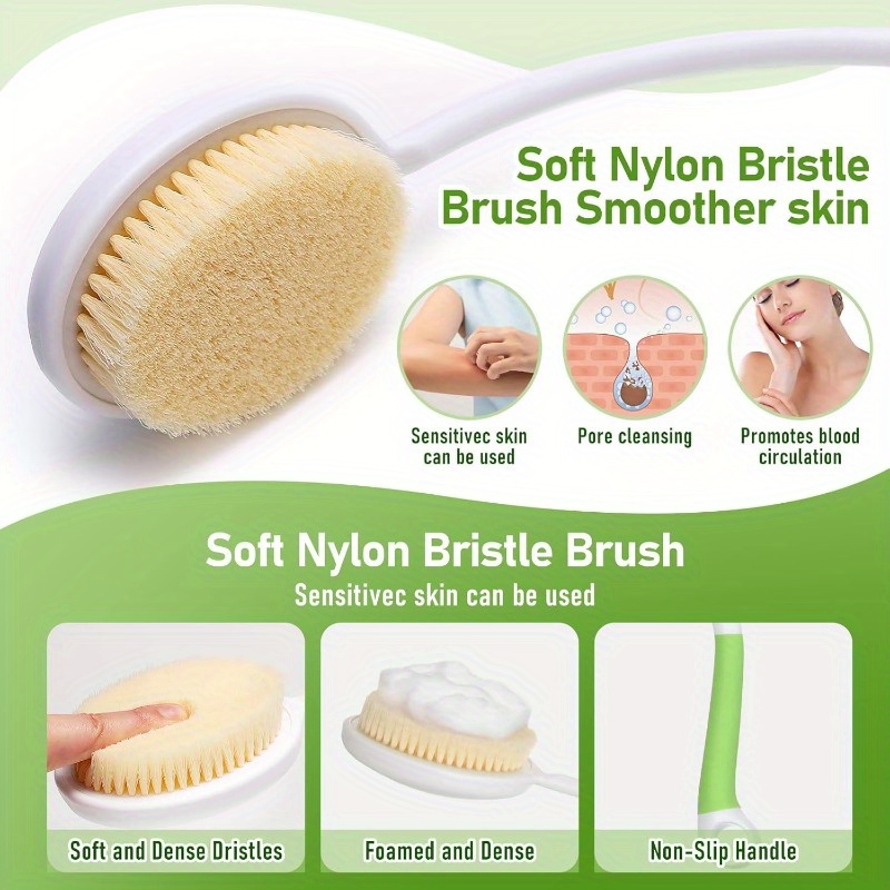 27, 5 long handle shower brush with curved design - soft body scrubber for wet or dry use, ergonomic back scrubber for hard-to-reach areas, gentle exfoliating brush for bathroom & shower, no battery needed, shower scrubber, curved handle, durable scrubber Product details 2