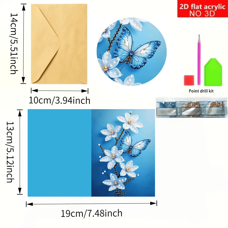 TEMU 6-delige Diamant Schilderij Wenskaart Set, 2D Platte Print, Unieke Creatieve Bloem- en Vlinderpatroon Kaarten, met 6 Enveloppen, Uniek Strass