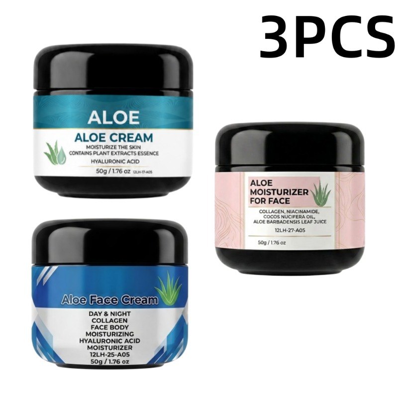 Image of 3pcs Aloe Face Cream Set, Coconut Oil, Collagen, Niacinamide & Hyaluronic Acid, Dry Rough Skin, Moisture, Reduce Dullness, Lightweight Non Greasy Day Night Moisturizer For Facial & Body Skin Care