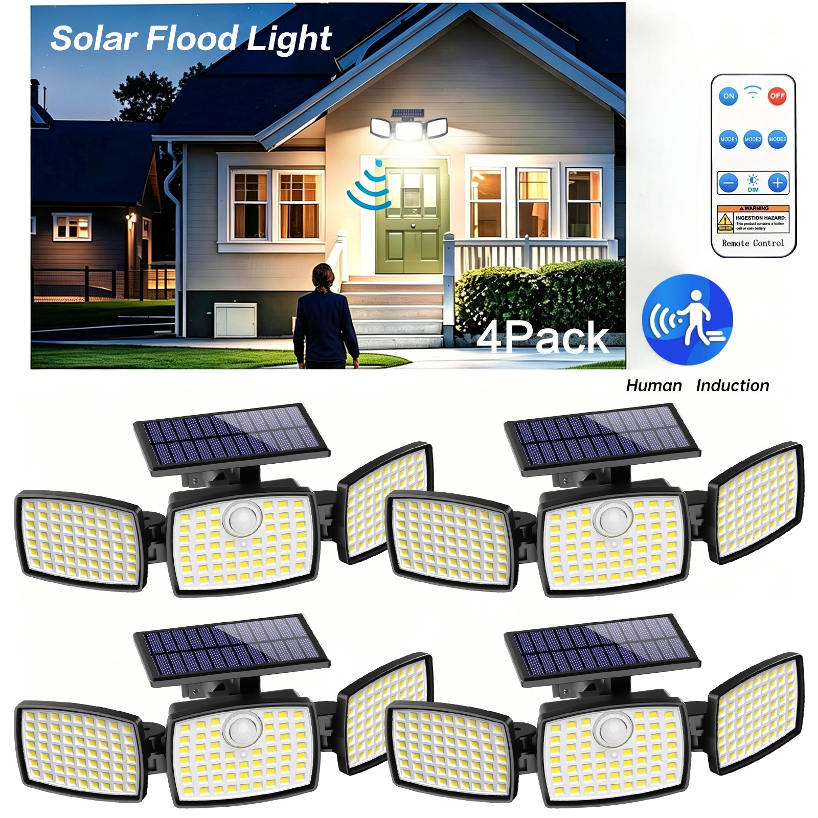 TEMU Solar Flood Lights Outdoor, 500lm 1/2/4 Pack Motion Sensor Security Lights With 120° Wide Angle, Ip65, Solar Outdoor Lights For Patio, Yard,