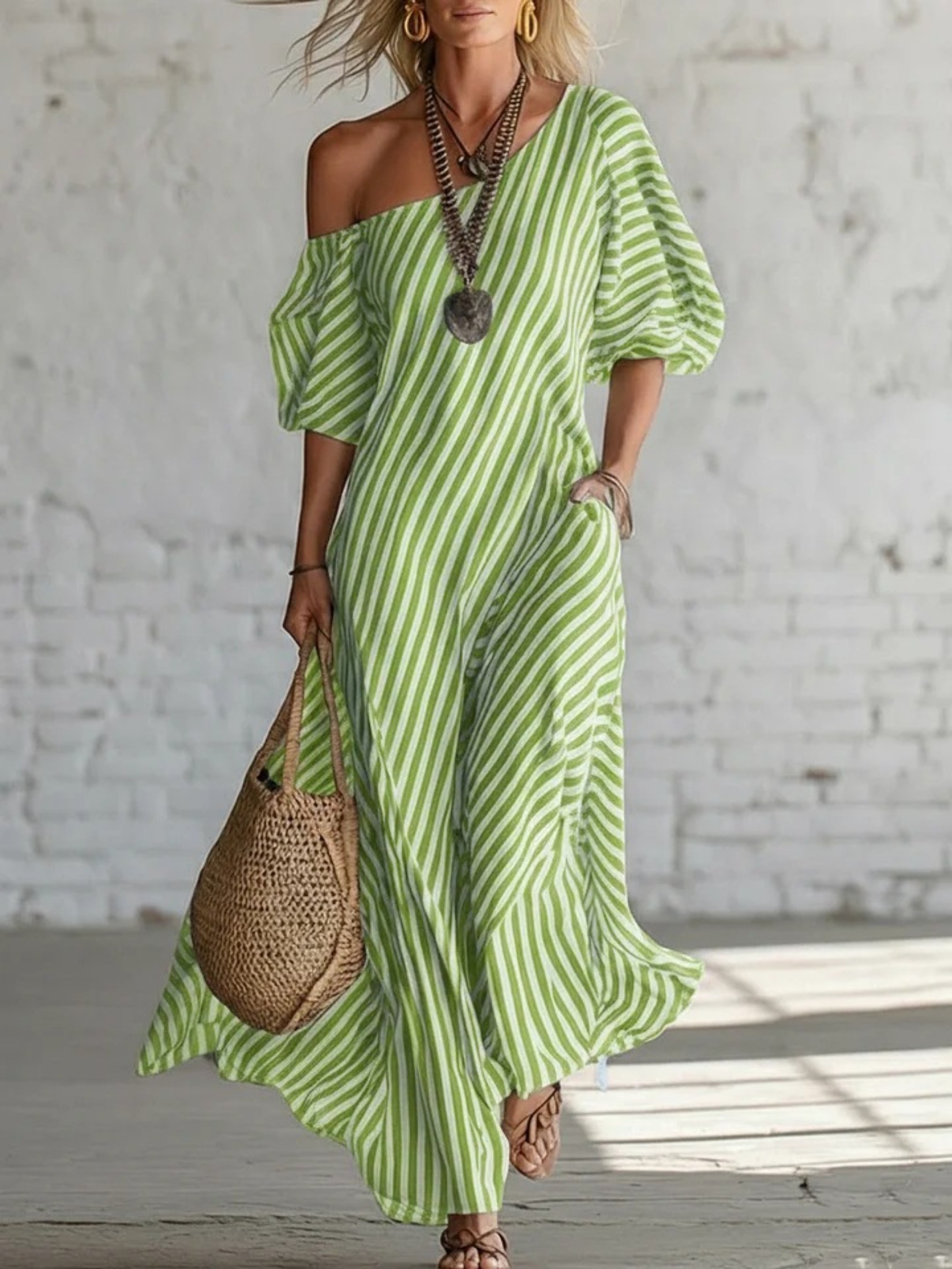 Spring and Summer Fashion Casual Elegant Irregular Off-the-shoulder Striped  Dresses