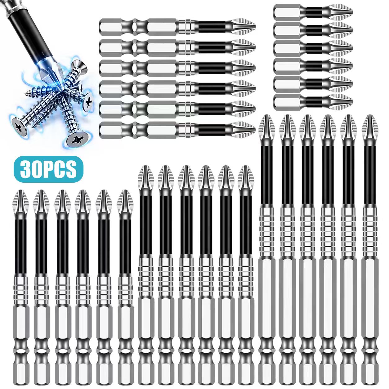 TEMU 30pcs K5 Non-slip Impact Resistant Threaded Drill Bit Set, High Hardness Durable Magnetic Anti-vibration Bits, Compatible With Electric And