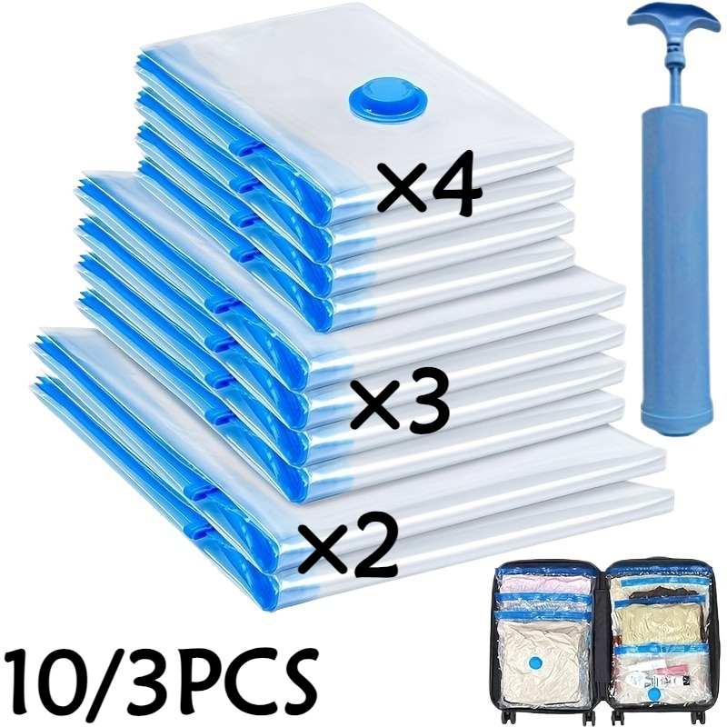 10/3 unidades de sacos de compressão a vácuo de tamanho   (3 tamanhos + bomba manual portátil), feitos de   material pe+pa  , adequados para vários tipos de roupa, cama, essenciais de viagem, sacos de selagem a vácuo para  , dormitórios, roupeiros e material de mudança