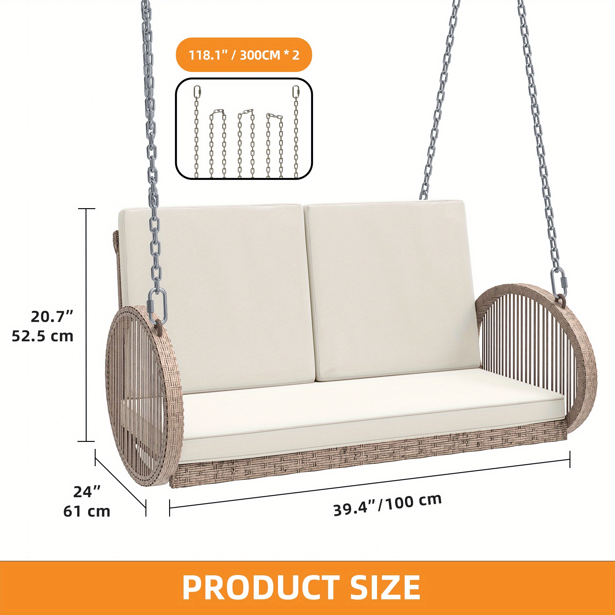 Phabules Hanging Swing Chair with Oval Handrails and Waterproof Cushions, All- Weather Rattan Swing Chair 530lbs Capacity, for Outdoor