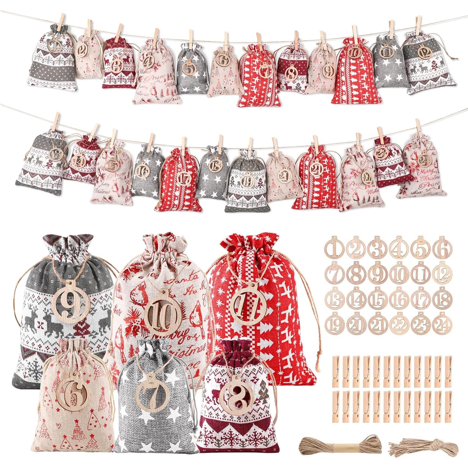 Fabric Fillable Advent Calendar, 24 Diy Fillable Children's Fabric Advent Calendar, 2026 Large Christmas Advent Sachets, Jute Bags, Fabric Bags For Men And Women