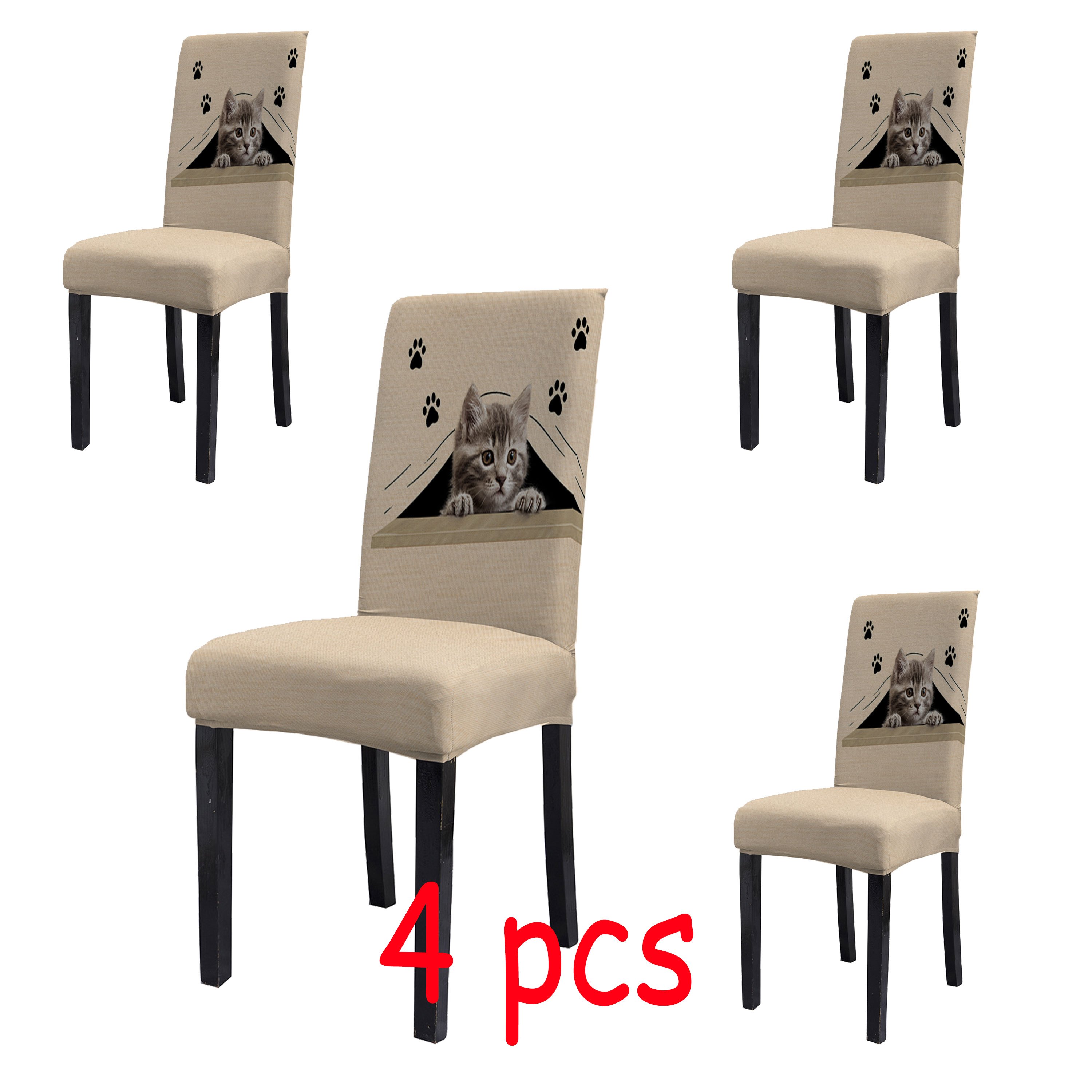 Image of 2/4/6pcs Modern Minimalist Style Elastic Dining Chair Covers, Classic Elegant Cute Cat Print Chair Protectors, Removable Chair Covers Suitable For Living Room Kitchen Home Decor