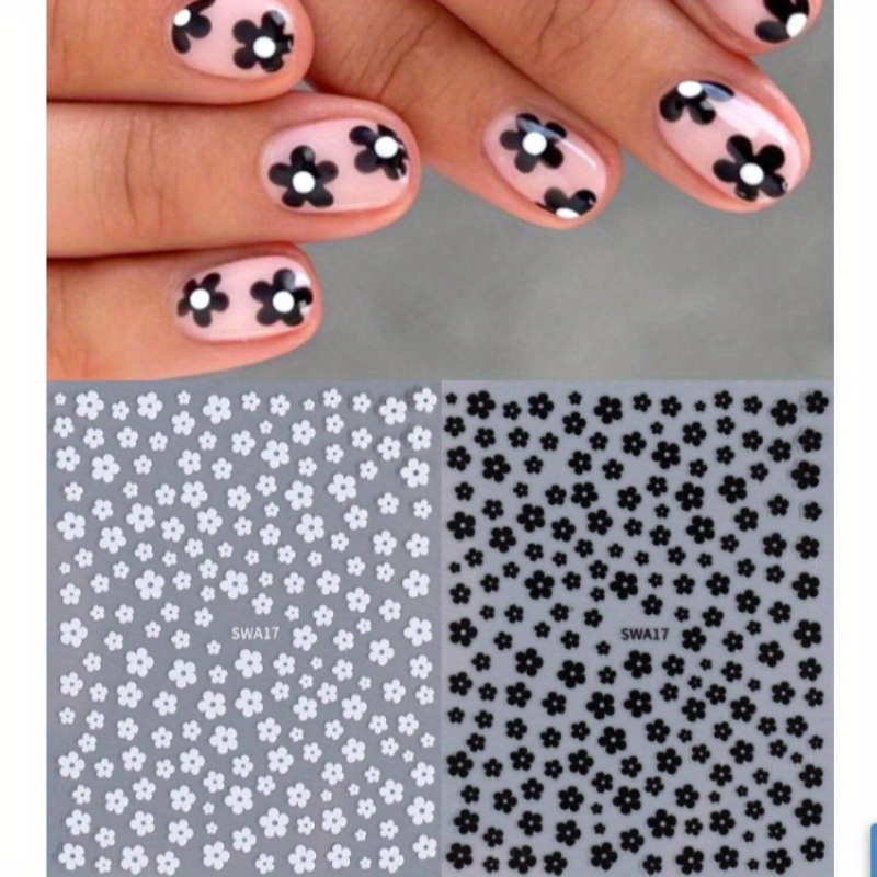 Set Of 2 Stylish Black And White Floral Nail Decals - 3d Floral Pattern, Self-adhesive Charm, Ideal For Nail Art, Single Use, Fantasy Inspired, Rectangular Smooth End
