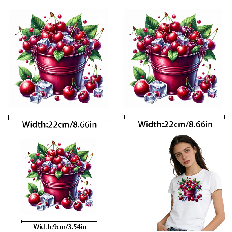 TEMU 3pcs Hd Cherry And Ice Cube Pattern Heat Transfer Stickers, Tear-resistant Diy Iron-on Appliques, Durable Plastic For T-shirt Making, Pillow