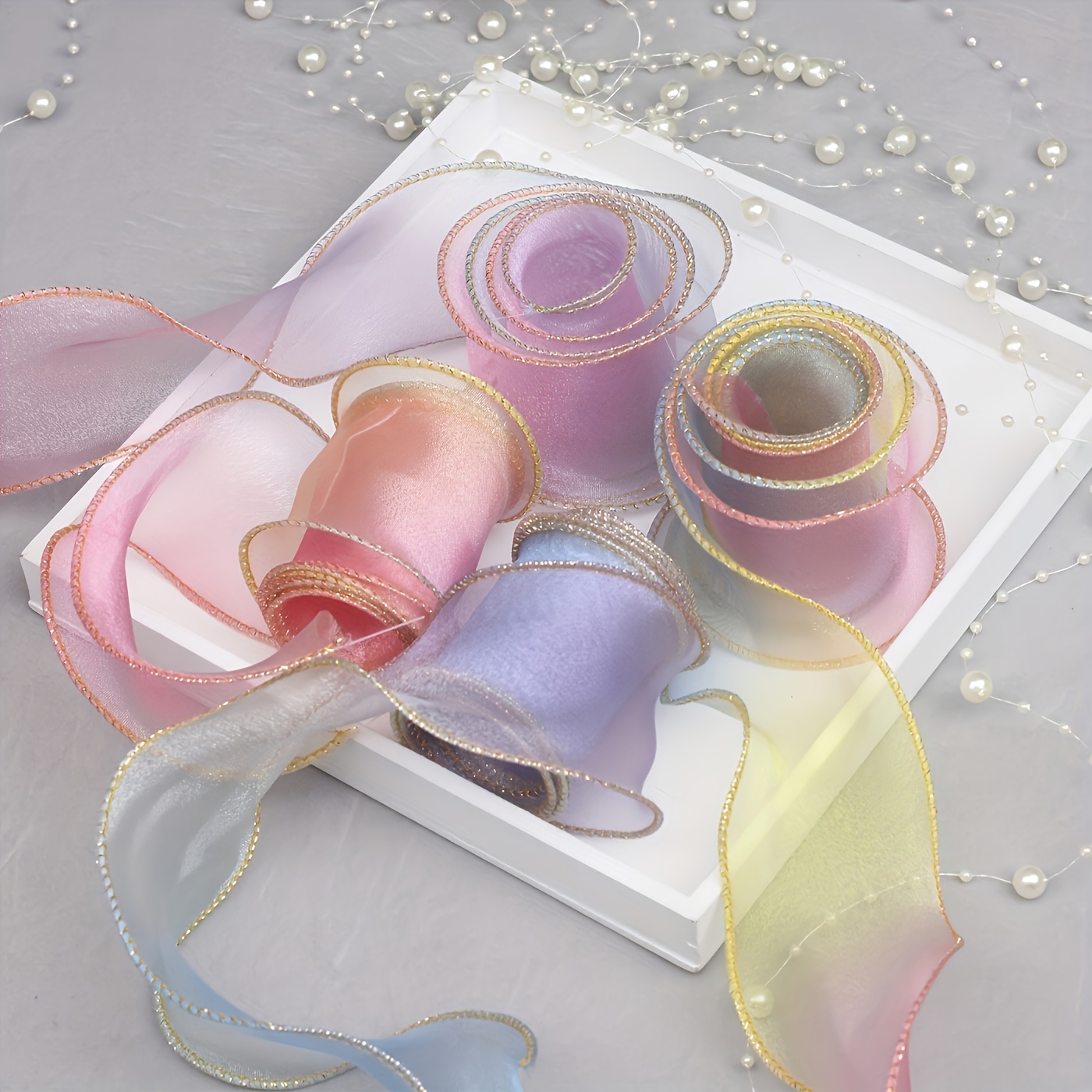 Image of 5m Gradient Rainbow Tulle Ribbon With Wavy Edge - Perfect For Gift Wrapping, Floral Arrangements And Christmas Decorations, Christmas Ribbon