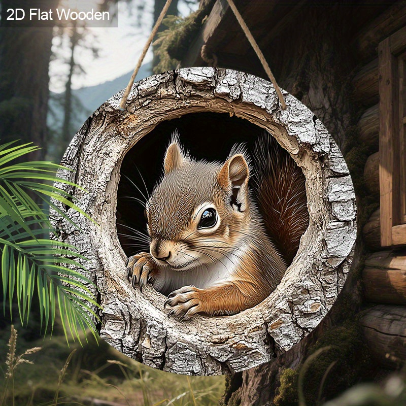 Image of 2d Flat - Round Wooden Squirrel Wall Art - Squirrel Design, Perfect For Nature- Decoration, Garden Features, Gifts For Animal Enthusiasts, Rustic Wooden Decoration
