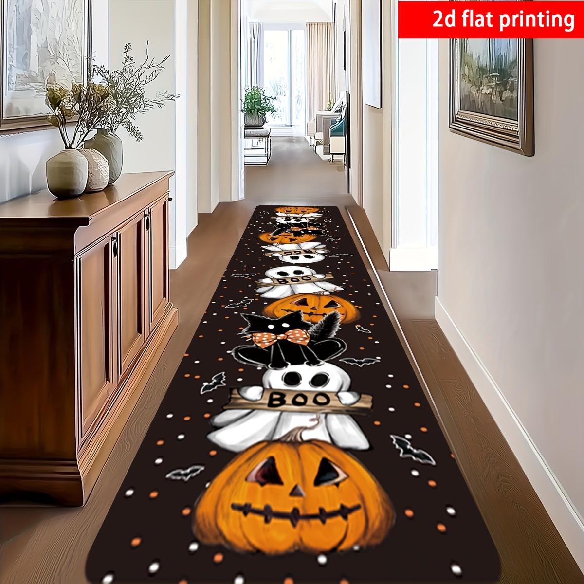 TEMU 2d Flat Printing, 1pc, Halloween-themed Long Runner Mat, Flannel Material, Printed With English Letters, Pumpkins, , And Kittens, Suitable For