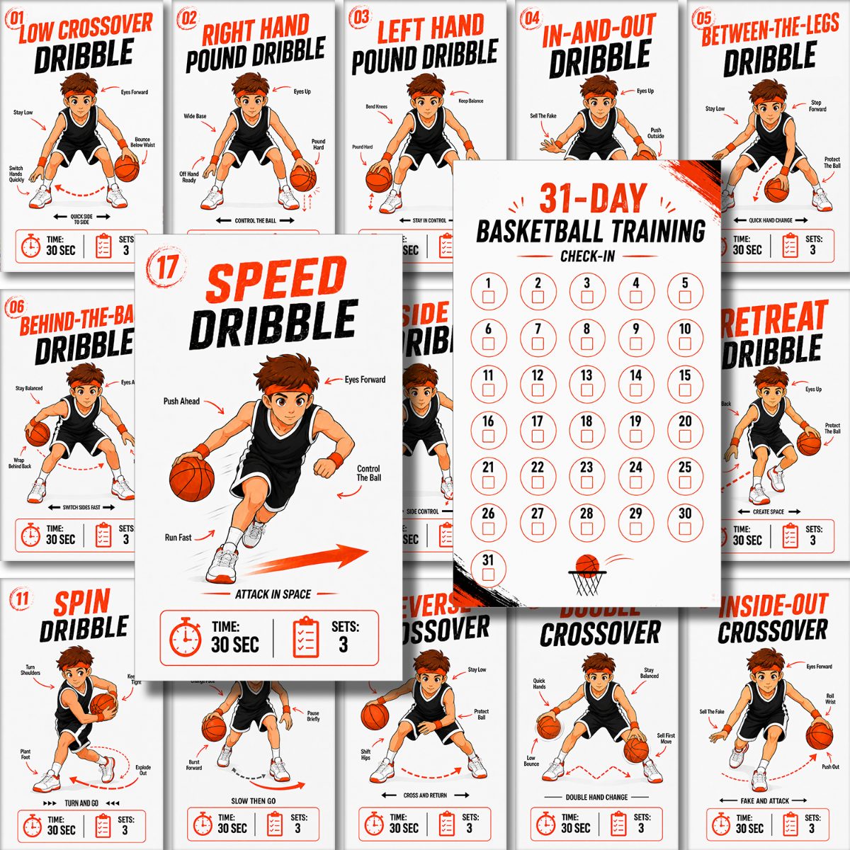 TEMU 21 cartes d'entraînement de basketball, entraînement aux compétences de basketball, cartes d'entraînement de basketball, de basketball de 31