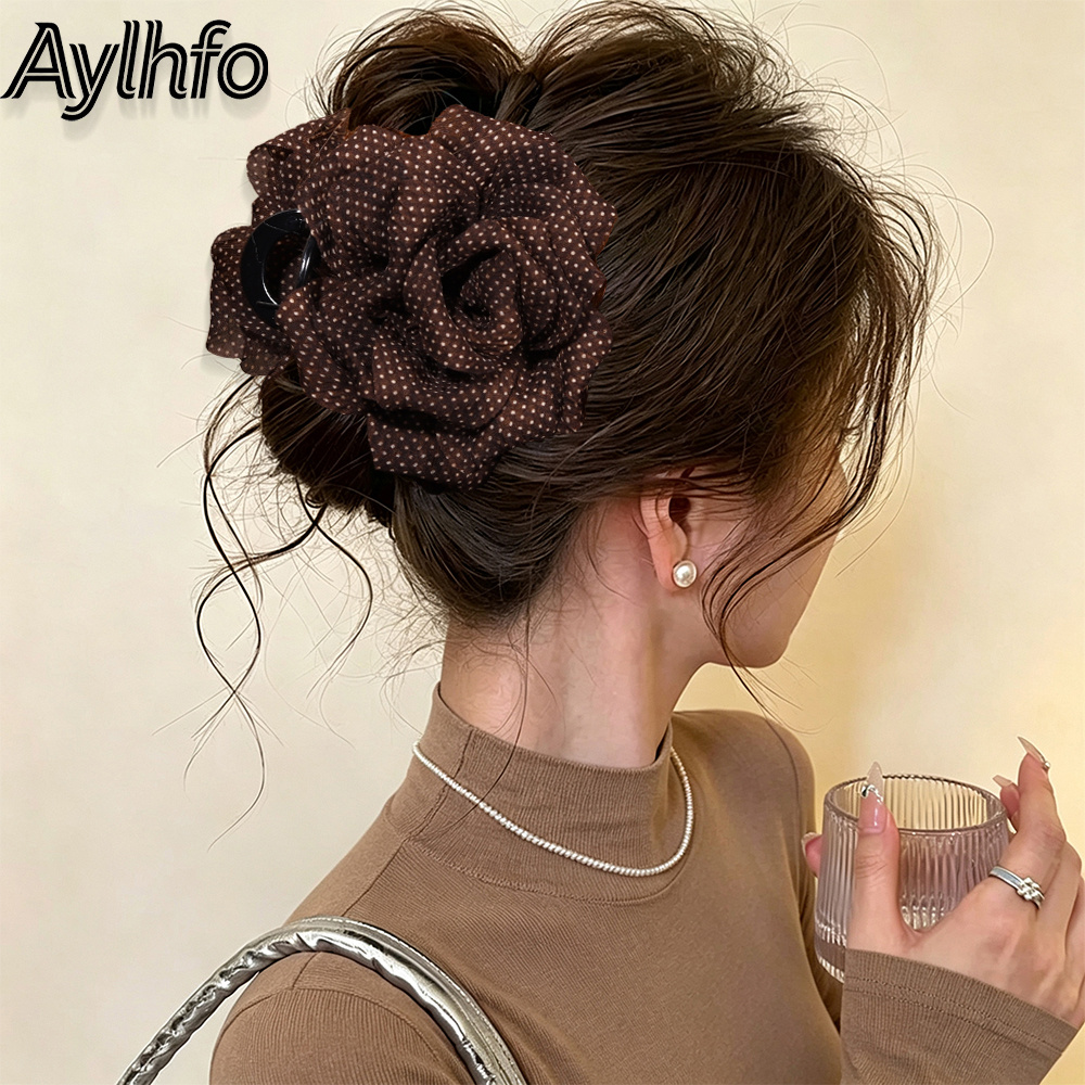 TEMU Aylhfo 1pc Fall Winter New Fabric Polka Dot Flower Hair Claw Clip, Acrylic Non Slip Shark Hair Clip, Elegant Large Rose Hair Jaw Clamp For Women