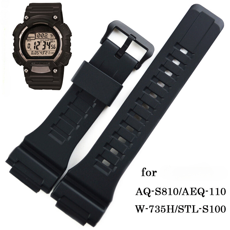 

1pc Sporty 18mm Silicone Rubber Watch Strap For Aq-s810/aeq-110/w-735h/stl- Series, Waterproof Synthetic Resin With Deployant Clasp