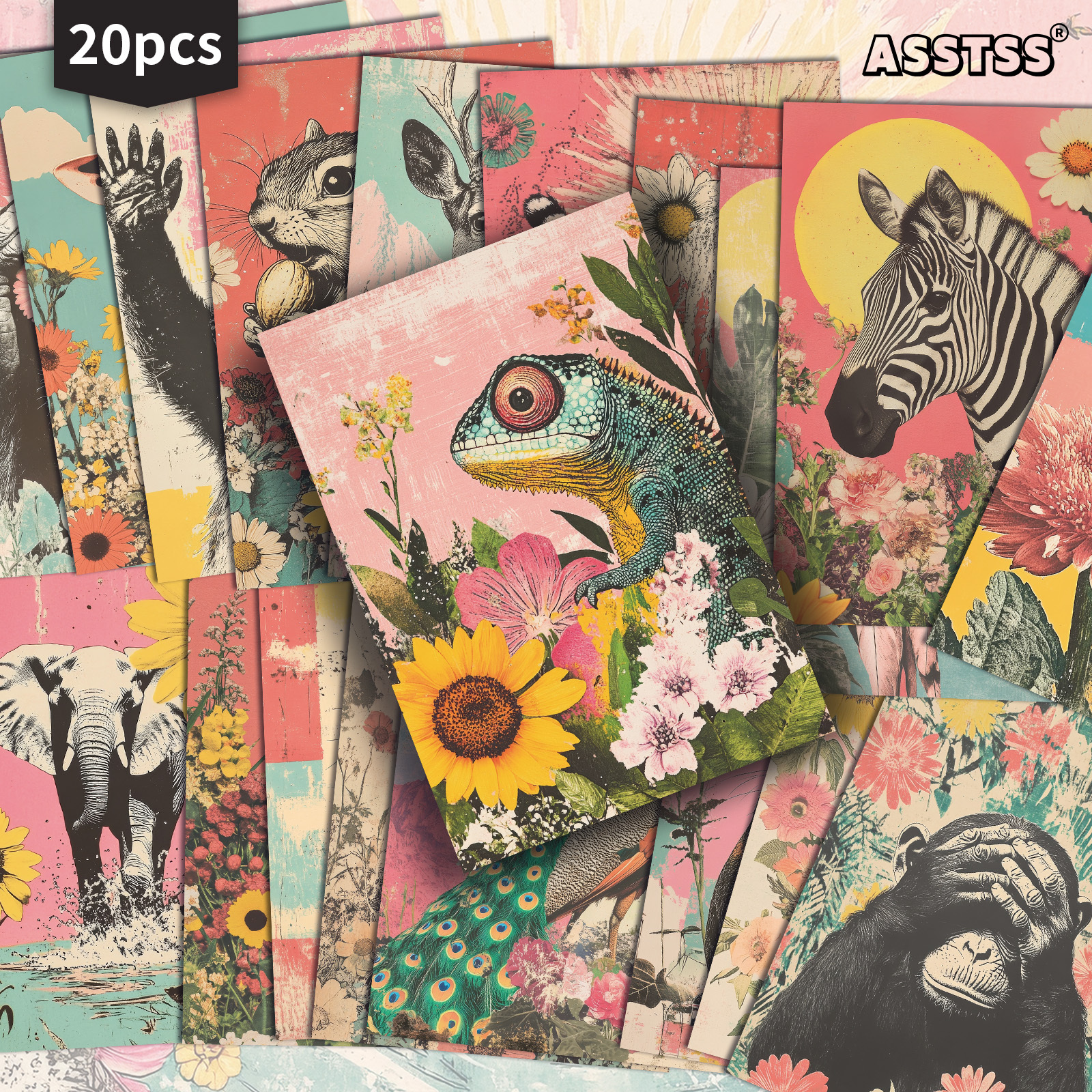 Image of 20-pack Asstss Retro Floral Collage Of Animals | 4x6 Inches Classic Pinup Illustrations, Collectible Decorative Painting Cards For Scrapbooking & Crafting, Single Or Double Sided, Mixed Color Paper