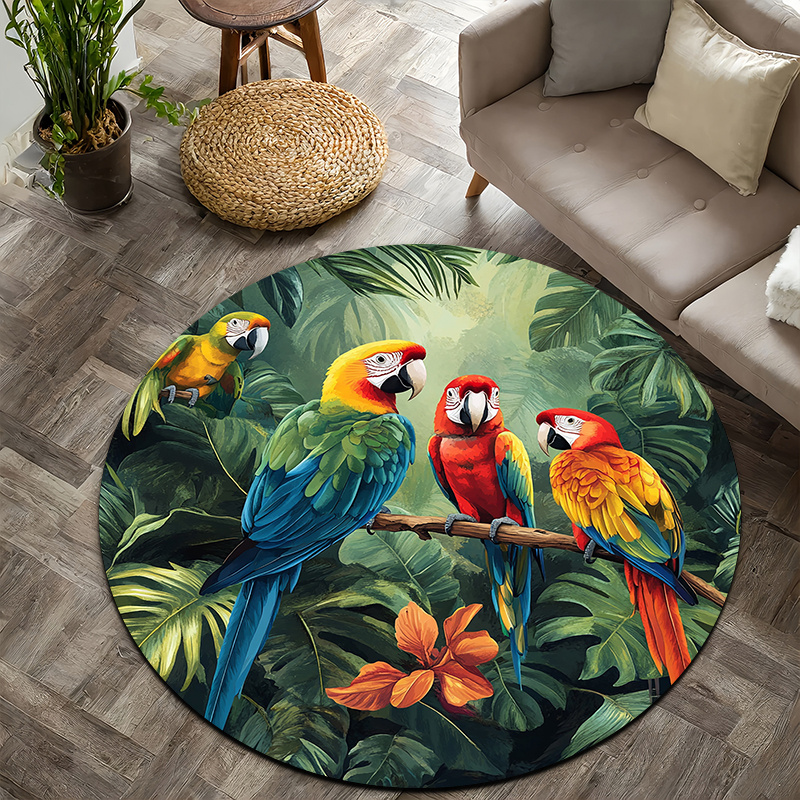 TEMU 2d Flat 1pc Parrots Vibrant Style Round Rug, Lightweight Non - Slip Machine Washable Door Mat, Home Decoration, Suitable For Study, Balcony,