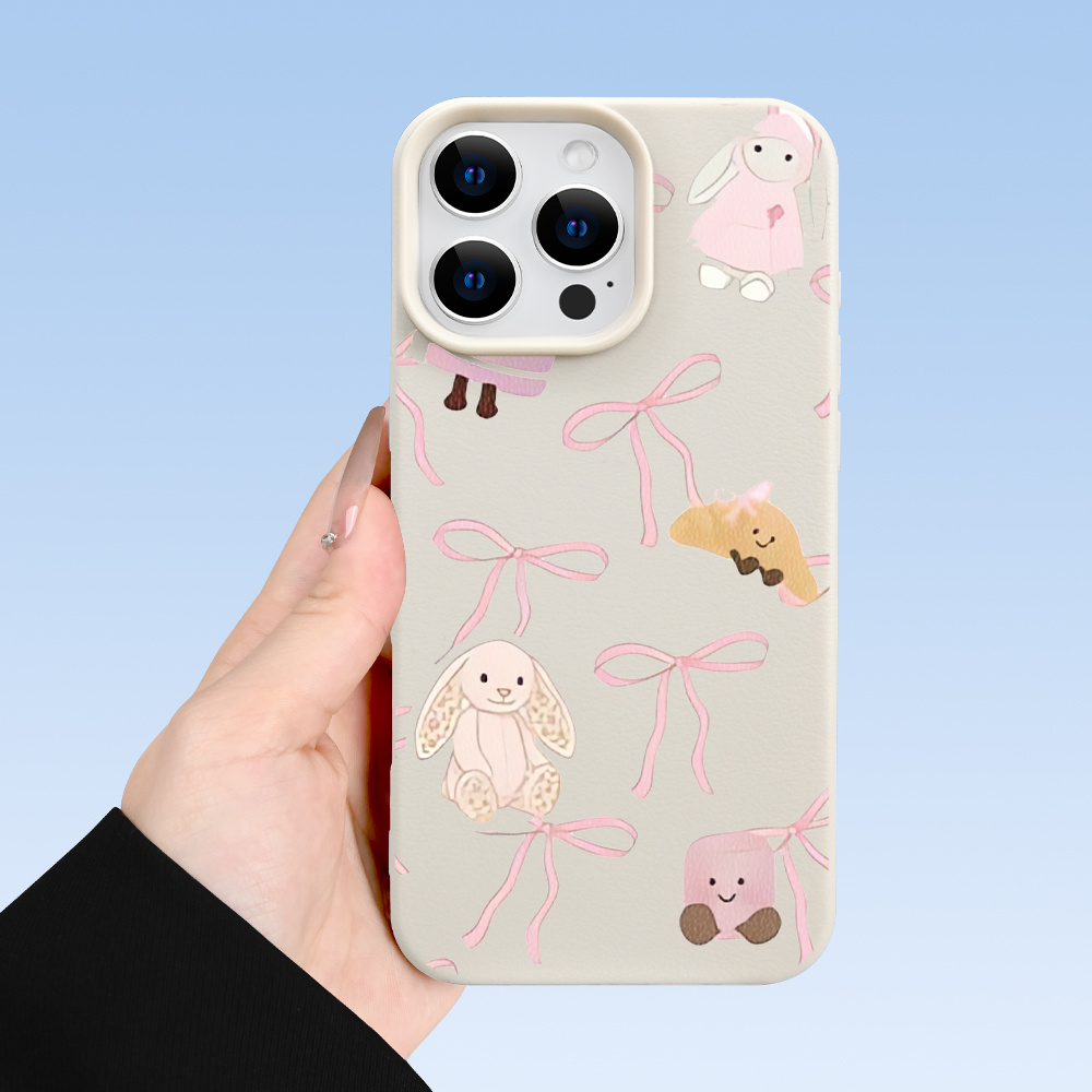TEMU Phone Case: Cute Pink Bow Bunny Pattern 17e Summer Fashion Fresh & Vintage Texture Phone Case For Iphone