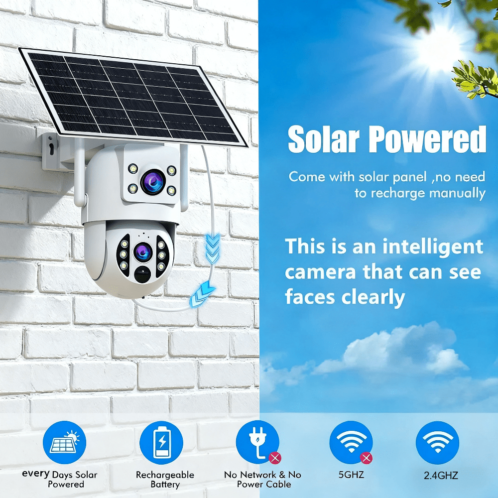 Jooan Wireless Security Camera Outdoor Solar Powered, 2k Dual Lens Gimbal, With Automatic Tracking, Spotlight And Alarm, Color Night Vision, Ipx6, 5x Zoom, No Monthly Fee, Outdoor Safety Camera