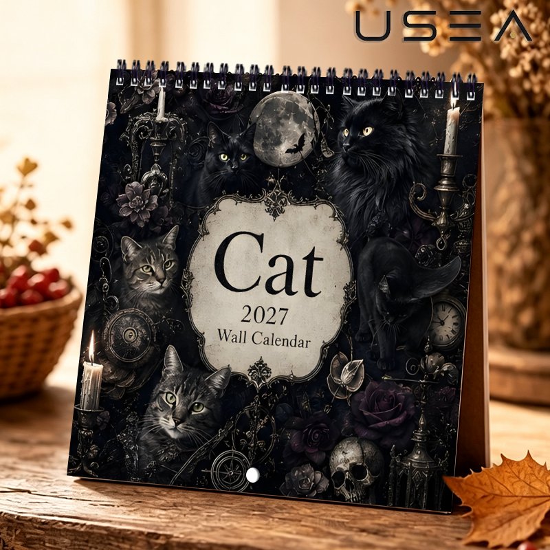 TEMU 2027 Gothic Black Cat Wall Calendar Planner - Twin Wire Spiral Bound Monthly & Yearly Organizer With Habit , Gothic Cat Suitable For, Office, -