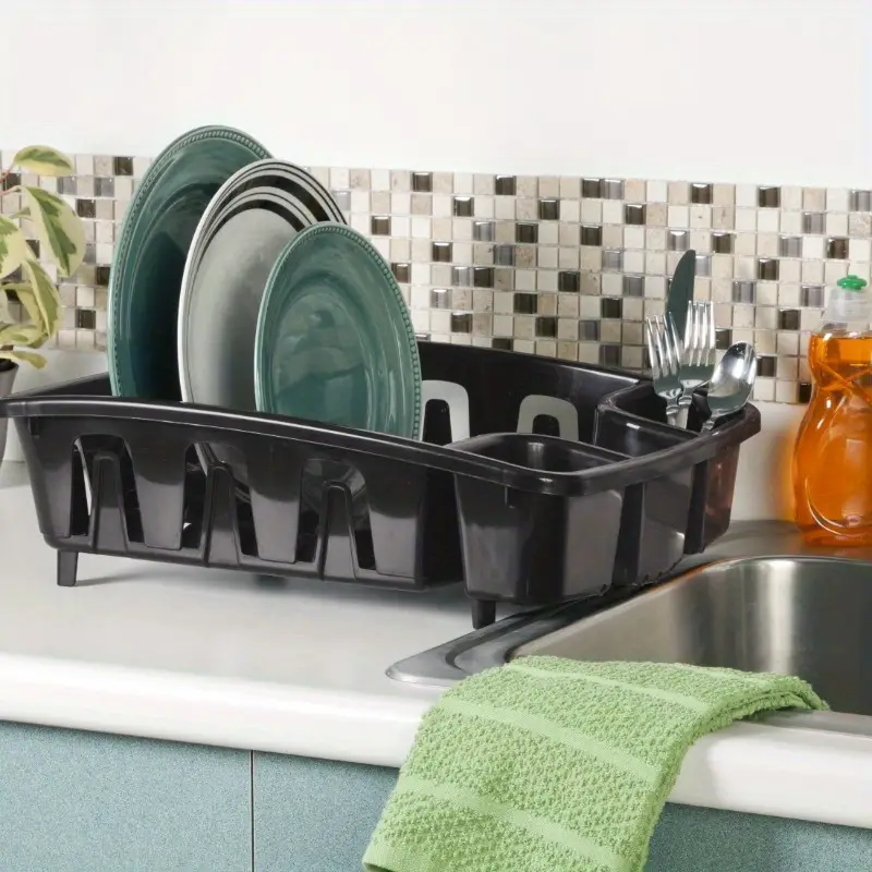 dish rack and with base - heavy-duty -saving dish drying rack with 10 plate holders, 8 cup holders & utensil rack, elevated feet for sink, for small kitchens, dishwasher- assembly, angled base for draining, durable construction, fits over standard sinks, modern kitchen organizer (17.625”l x 13.375”w x 5.375”h), wall mounted dish drying rack, dish drying rack for kitchen sink, kitchen plate rack, Product details 4