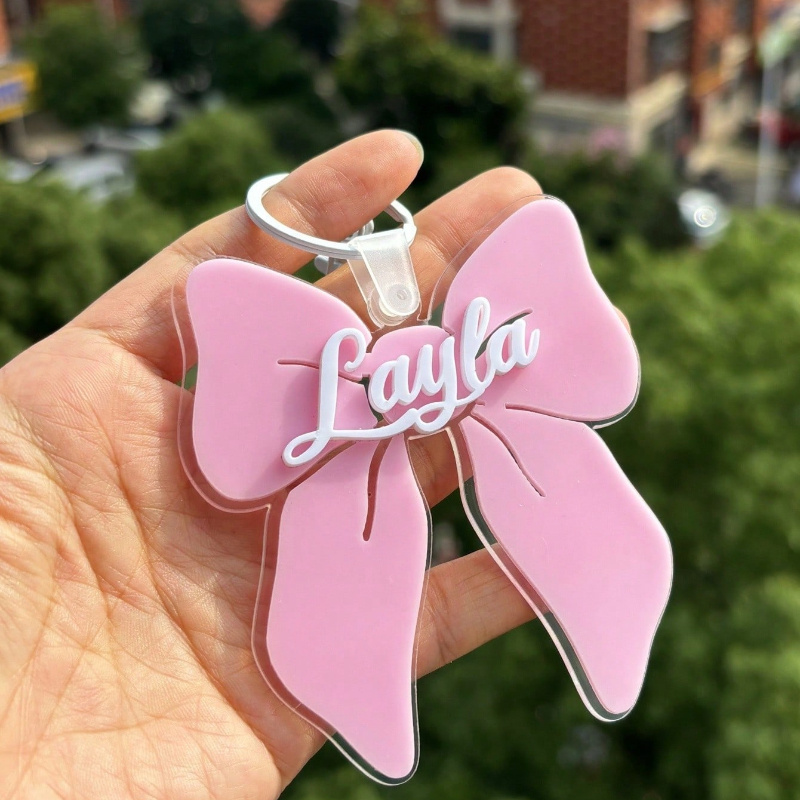TEMU Personalized Acrylic Bow Backpack Name Tag - Self- Letter Keychain With , Durable 304 Stainless Steel Ring Clasp, Suitable For School Supplies
