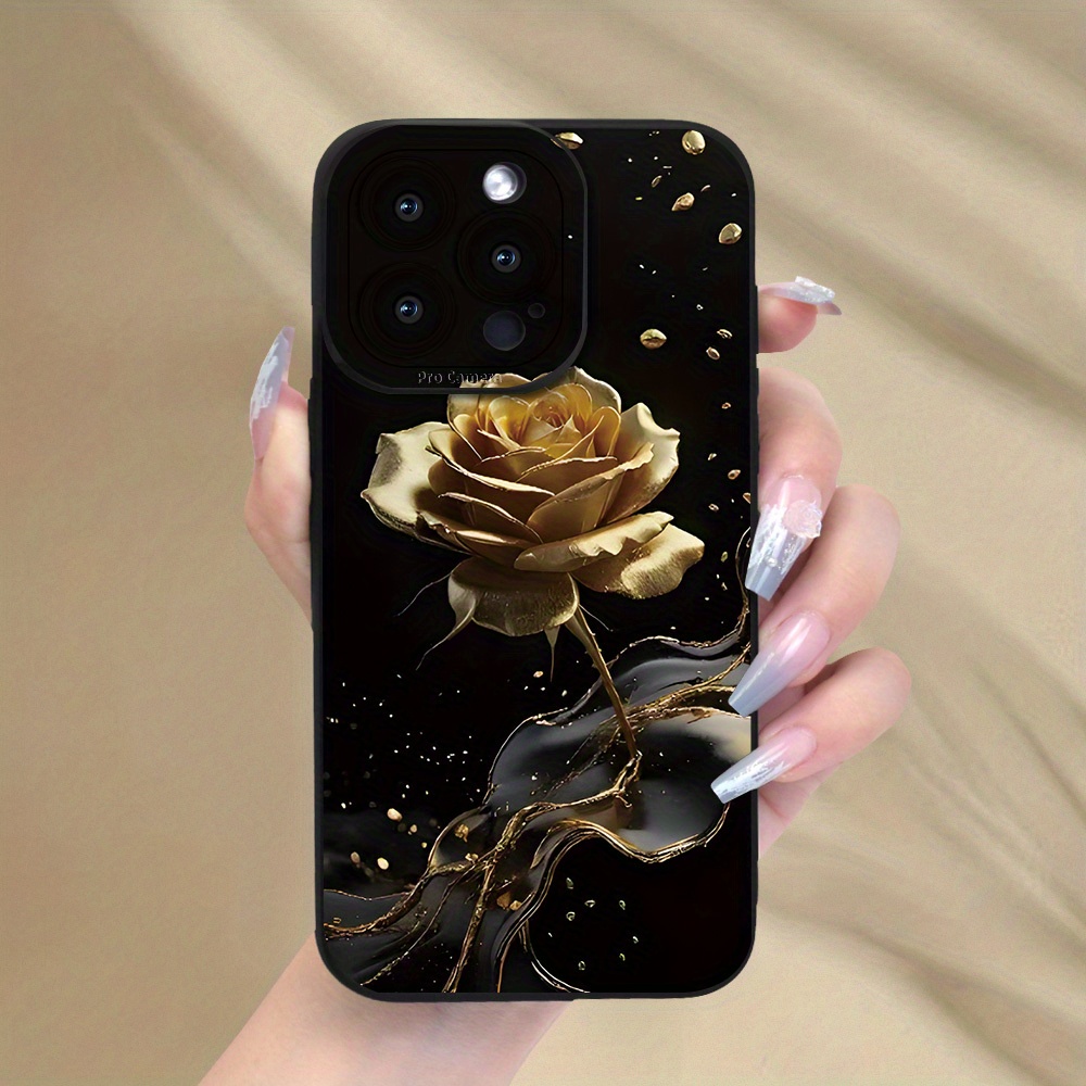 

Un étui de téléphone luxueux et élégant avec un design imprimé simple de roses dorées brillantes, noir , compatible avec la série /15/14/13/12/11/X/XR/XS/8/7/SE , offrant une protection complète.