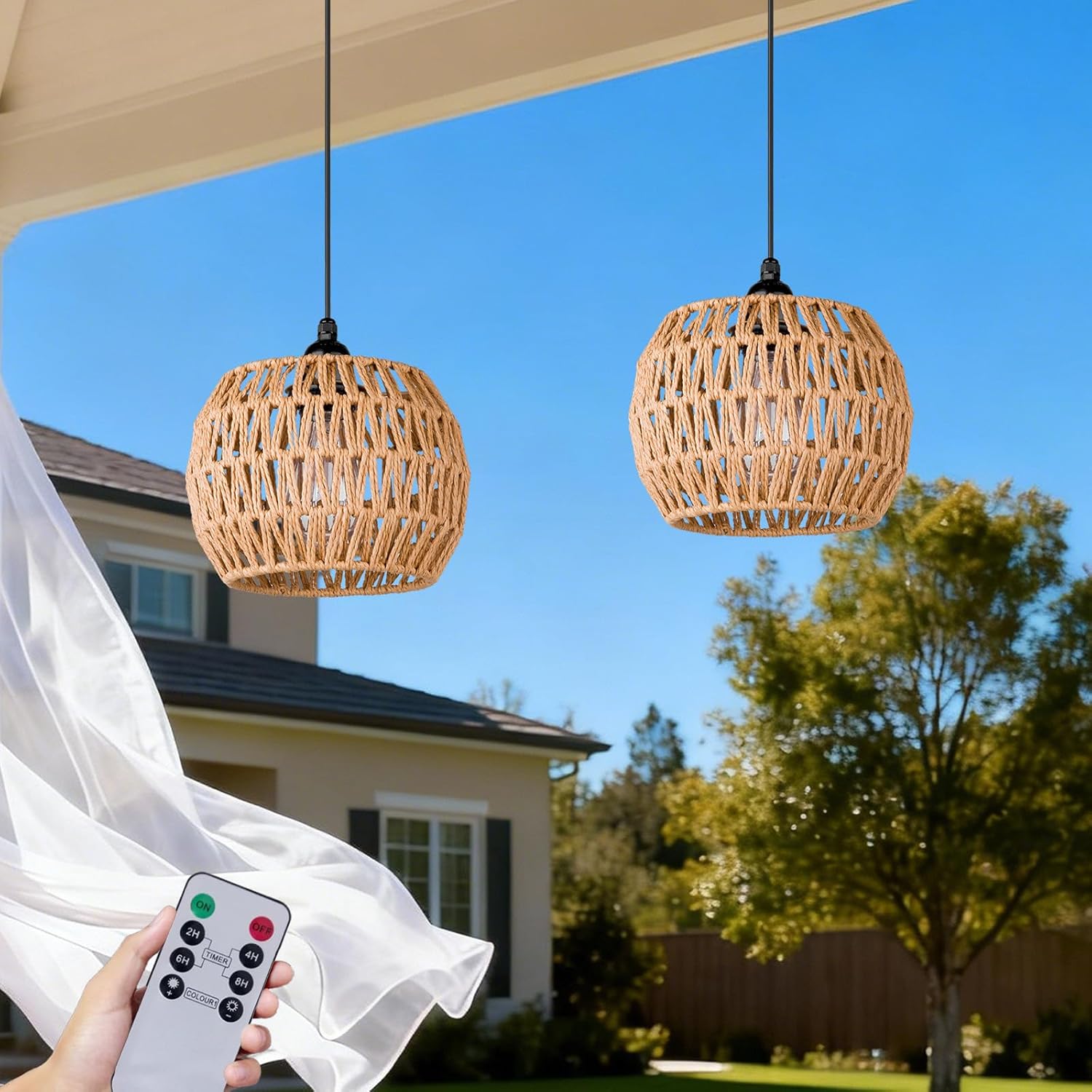 2-Pack Battery Operated Pendant Light – Outdoor Rattan Chandelier With LED Bulb, Remote Control, IP65 Waterproof, For Gazebo, Porch, Or Patio