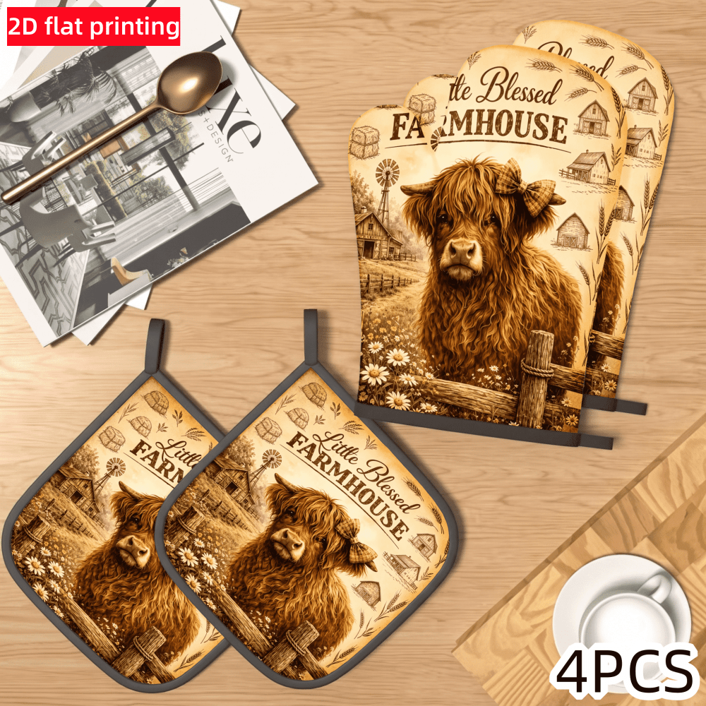 TEMU 4pcs Heat-resistant Oven Mitts & Pot Holders Suitable For Backyard Bbqs, Rustic Farmhouse With Highland Cow Print, Pot Holders For Hot Pans,