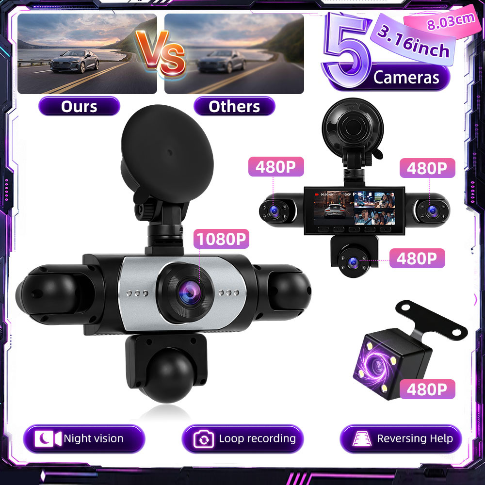 1080p Full -channel Dash Cam With 1080p+4*480p 5 Cameras With Loop Recording, , Motion Detection, Night Vision, Reversing Assistance And 64gb Card (free)