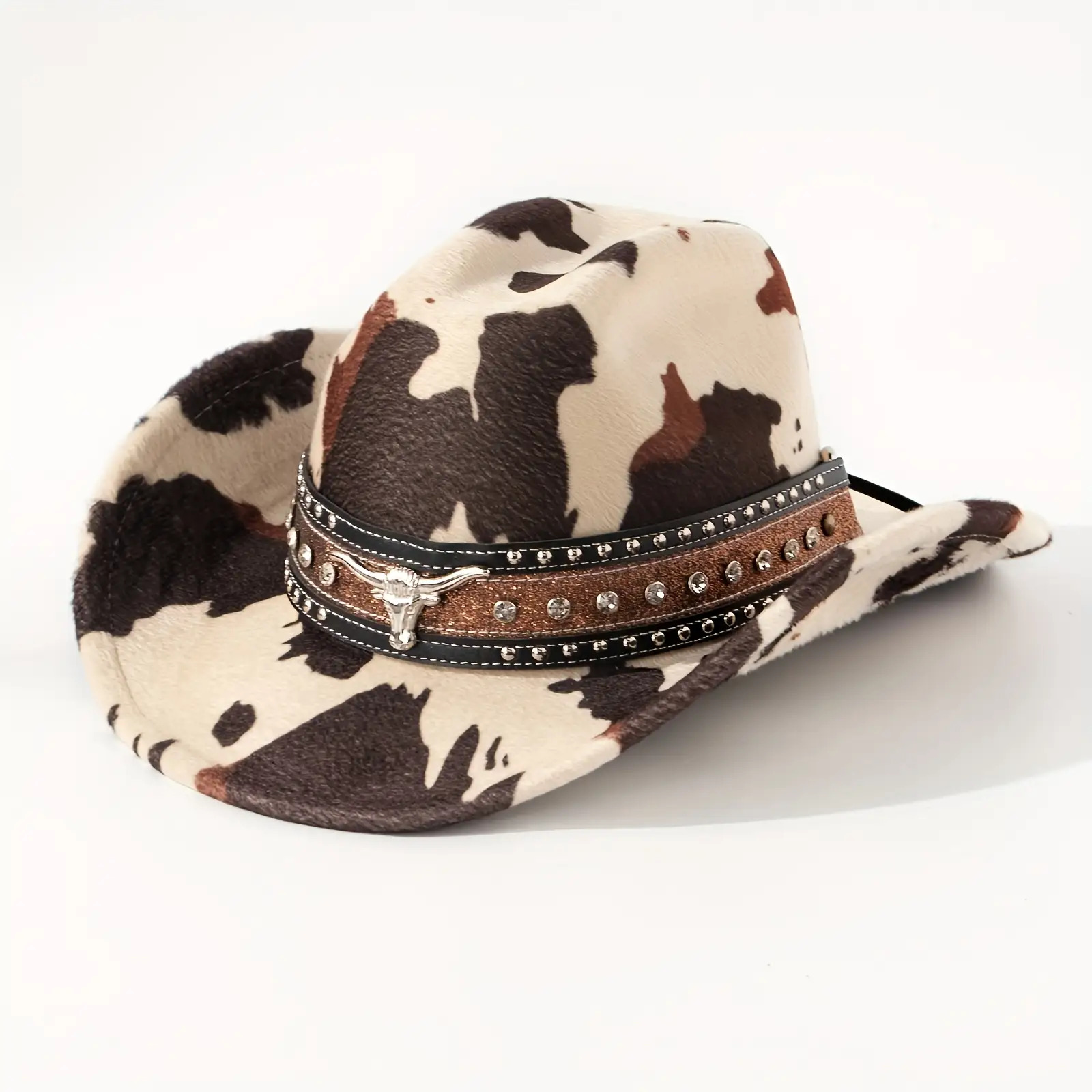 E-shop Western-Cowboyhut aus Kunstleder - Leichtgewichtiger 100% Polyester Fischerhut mit Rindsleder-Optik, Schwarz/Weiß/ Kuhmuster & Metallnieten,