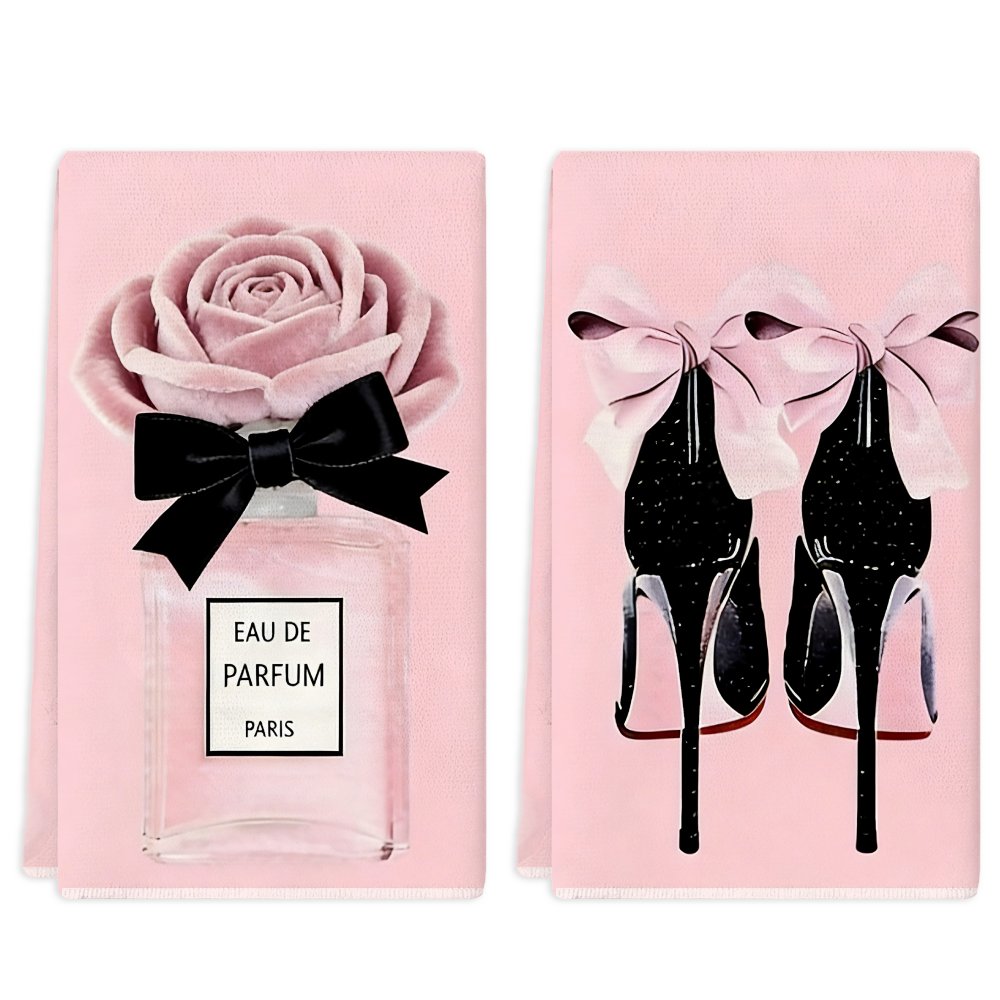 TEMU 2pcs Microfiber Dish Towels | Soft Absorbent, Decorative With Perfume Bottle & Black High Heels Design, Ideal For Housewarming, Birthday Gifts,