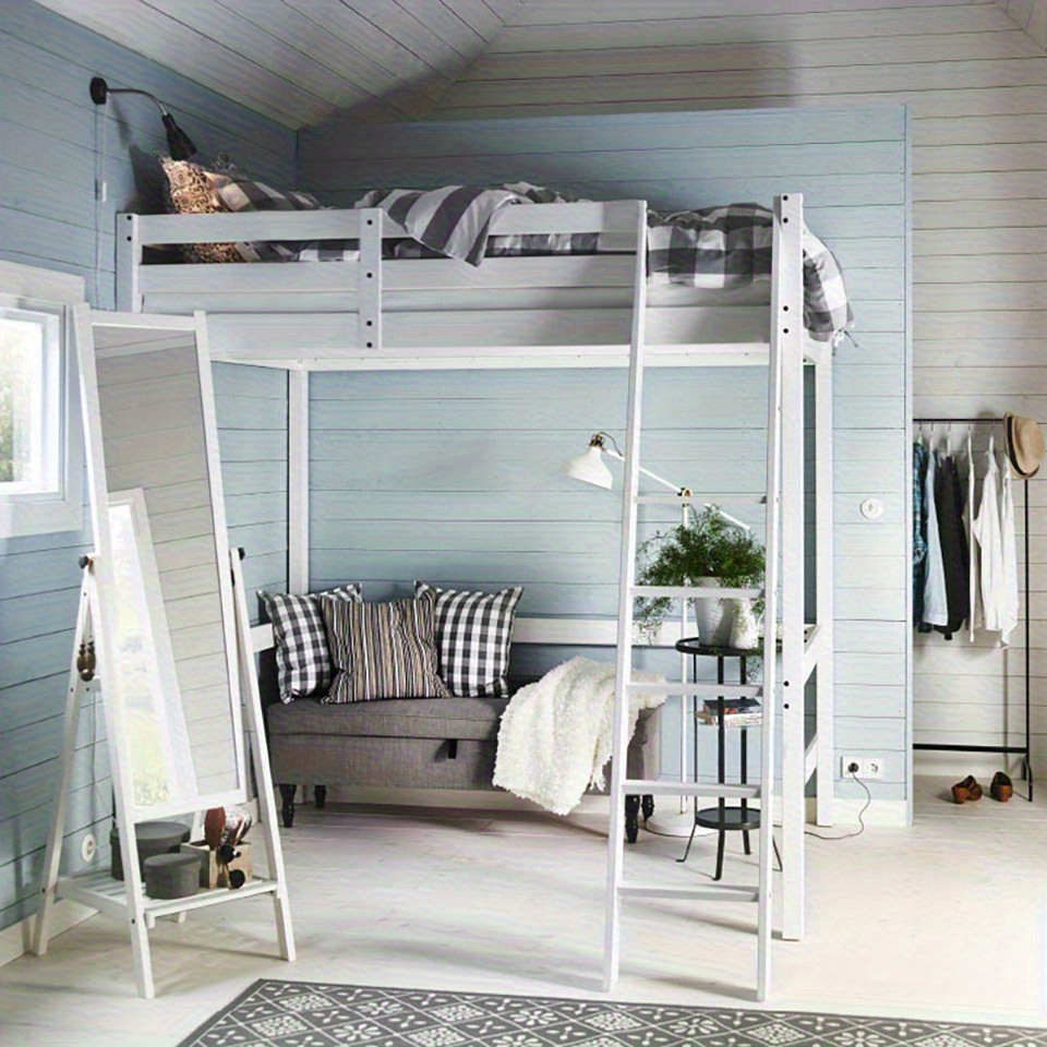 Wooden House Bed Bedroom Pine Integral Bed Frame, Solid Pine Wood Cabin Bed Frame with Inclined Ladder and Double Crossbars on Both Sides, Under Bed Puting Sofa or Table, 198x98x172cm, White