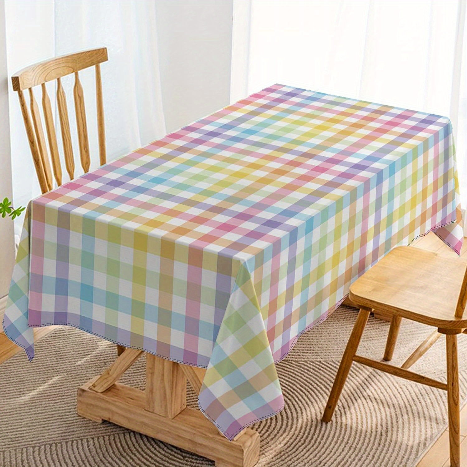 

Easter Tablecloth - Pastel Decoration, Polyester, Machine-woven For & Dining Tables, Accessory|checkered Pattern| Covering