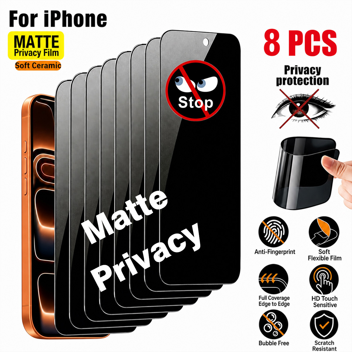 TEMU 8-pack Ceramic Frosted Anti-peep Full Coverage Privacy Screen Protector, For Iphone 18 Pro Max/18 Pro, Upgraded Anti-peep , Scratch-resistant, ,