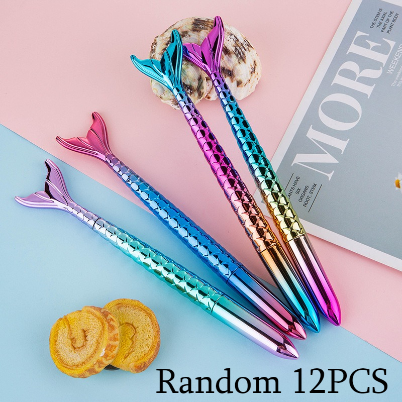 TEMU Random Style 12pcs Colorful Gradient Mermaid Pens 0.5mm Fine Point Shining Black Ink Pen For School Office Signature Stationery, Suitable For