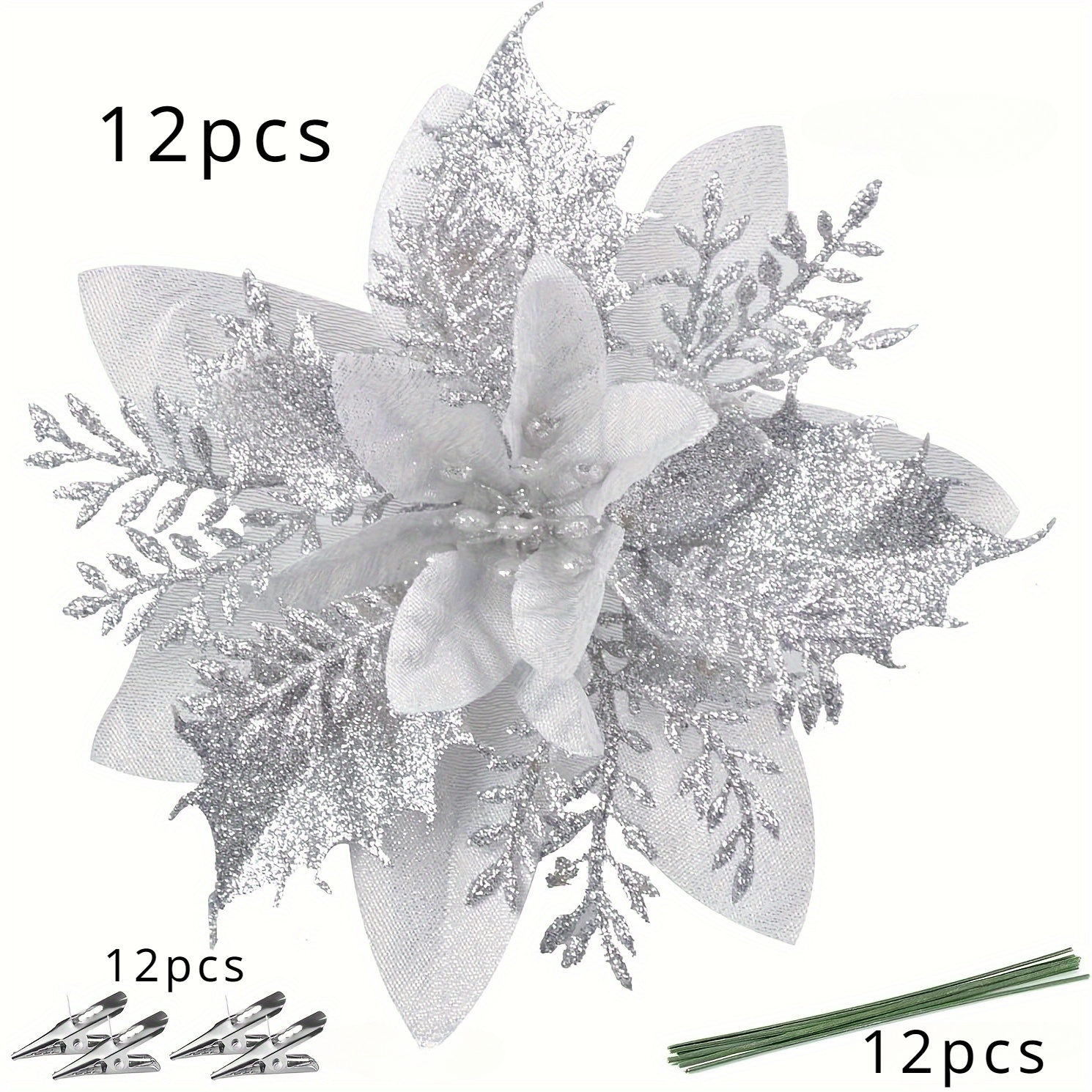 TEMU 36pcs Glitter Christmas Star Floral Hanging Ornament Set, 12 Shiny Glitter Christmas Flower Decorations With 12 Clips And 12 Stems - Perfectly