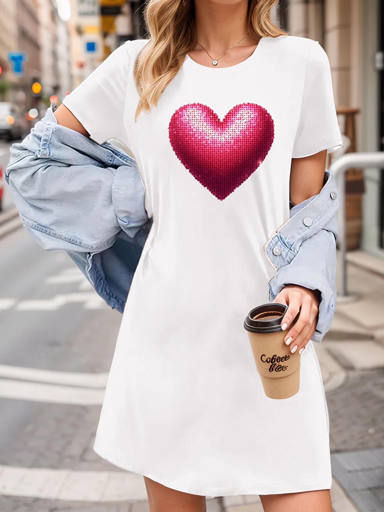 women's pink sequin heart graphic t shirt dress casual short