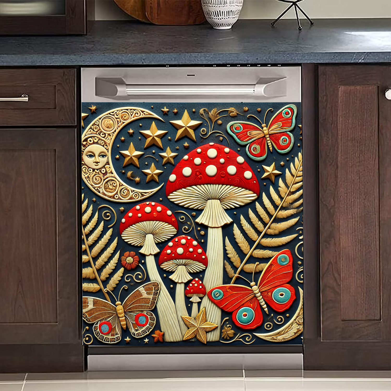 

Magnetic Dishwasher Door Decal With Mushrooms, Butterflies & - Easy To Apply & Clean, Needed - Vibrant Kitchen & Home Decor Sticker