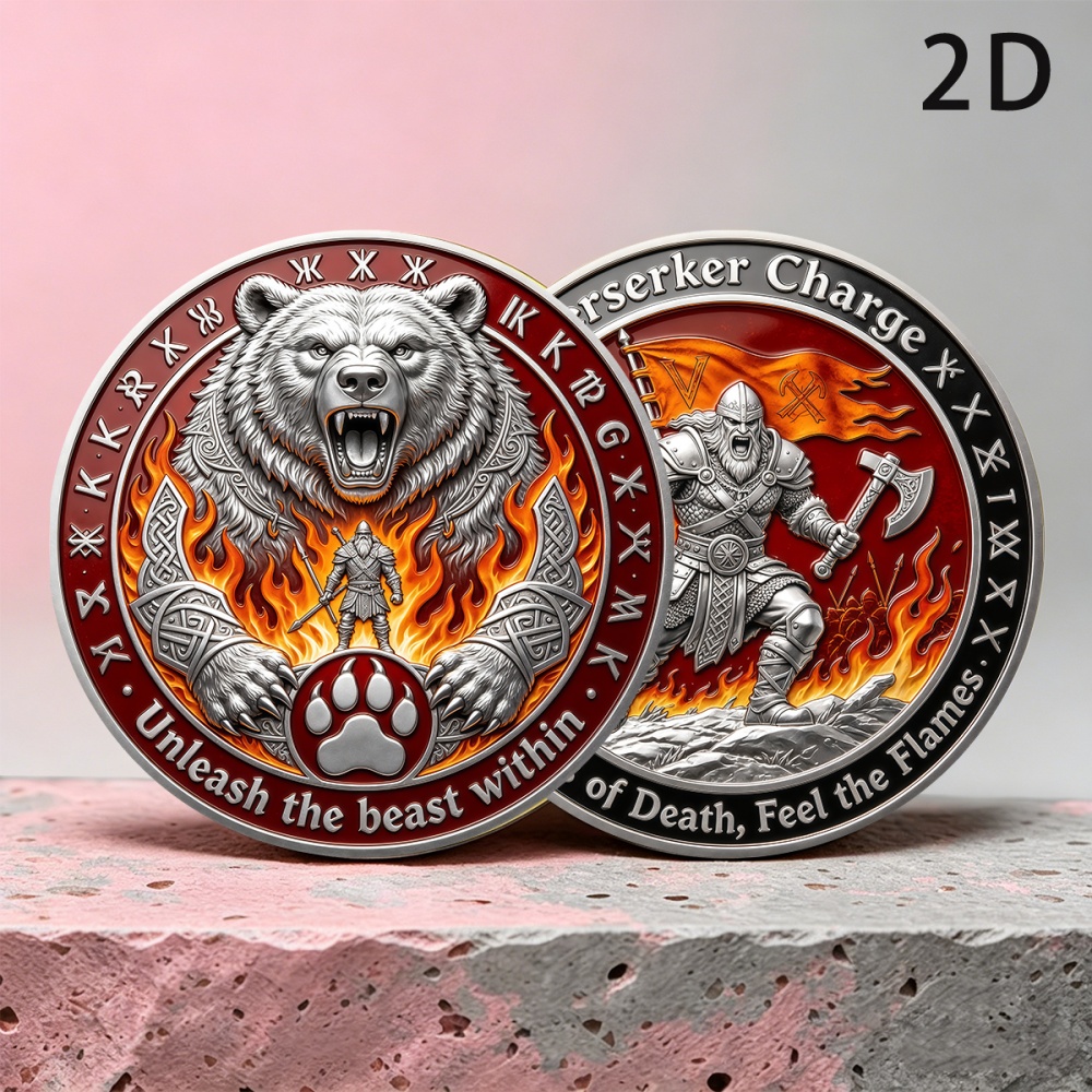 TEMU 2d Flat, 1pc, Double-sided Commemorative Coin, Depicting A Northern Bear And A Warrior, Symbolizing And Strength. A Reminder Of Daily Beliefs In