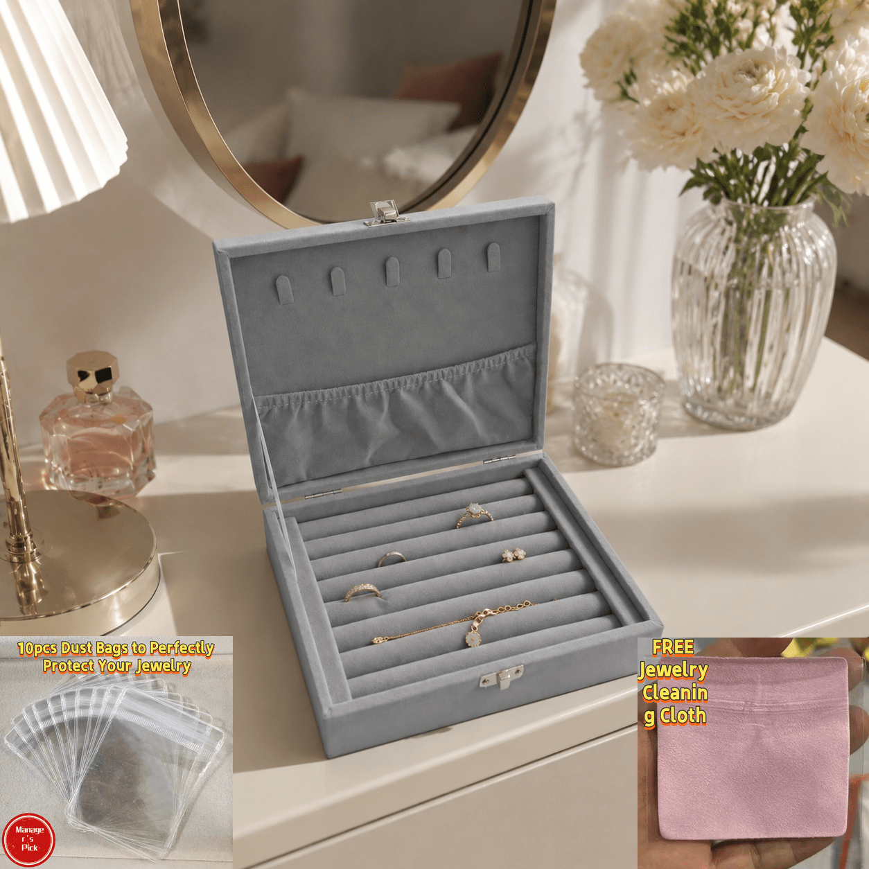 Light Gray Velvet Flip-Top Jewelry Box, Multi-Compartment