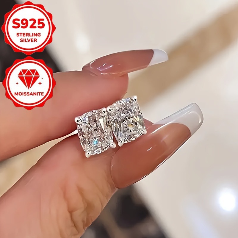 TEMU A Stylish Pair Of S925 Pure Silvery Square Moissanite Earrings, Designed Specifically For Women, Suitable For Daily Wear And Special Occasions