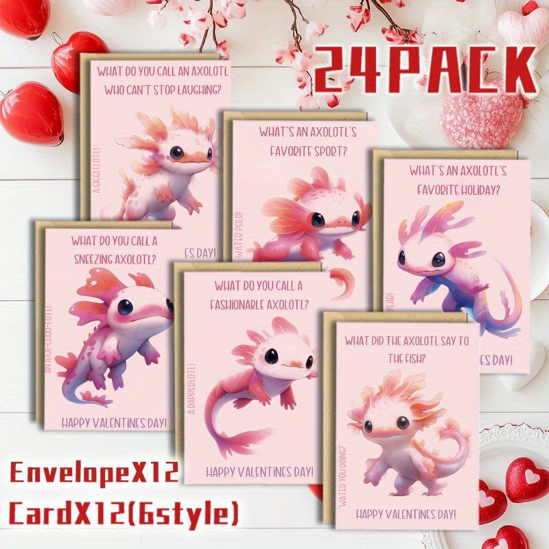 

24pcs Cute Axolotl Greeting Cards, Assorted Designs, Multi- Cards For Birthday, Anniversary, Valentine's Day, Thank You, , Cards, With Envelopes, For , Family, Friends