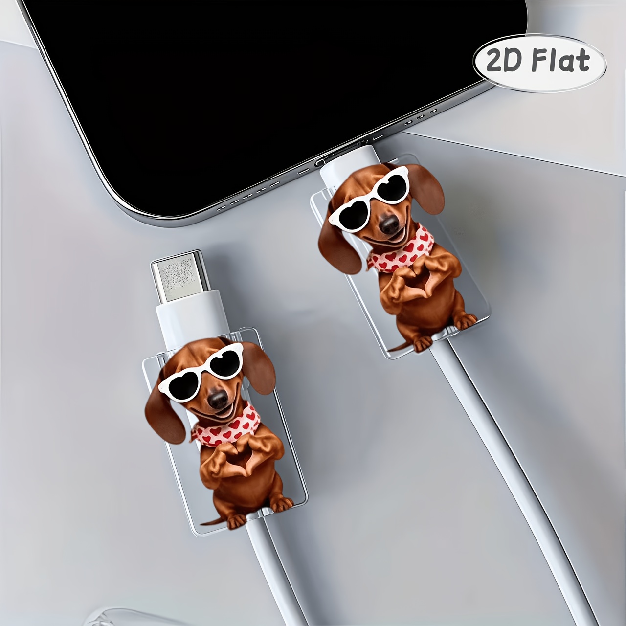 2d Flat 2pcs Dachshund Dog With Fashion Glasses And Heart-shaped Gesture Data Cable Protector, Anti-breakage, Type-c Phone Data Cable Protector, Beautiful And Durable(non-electric), 2d Flat