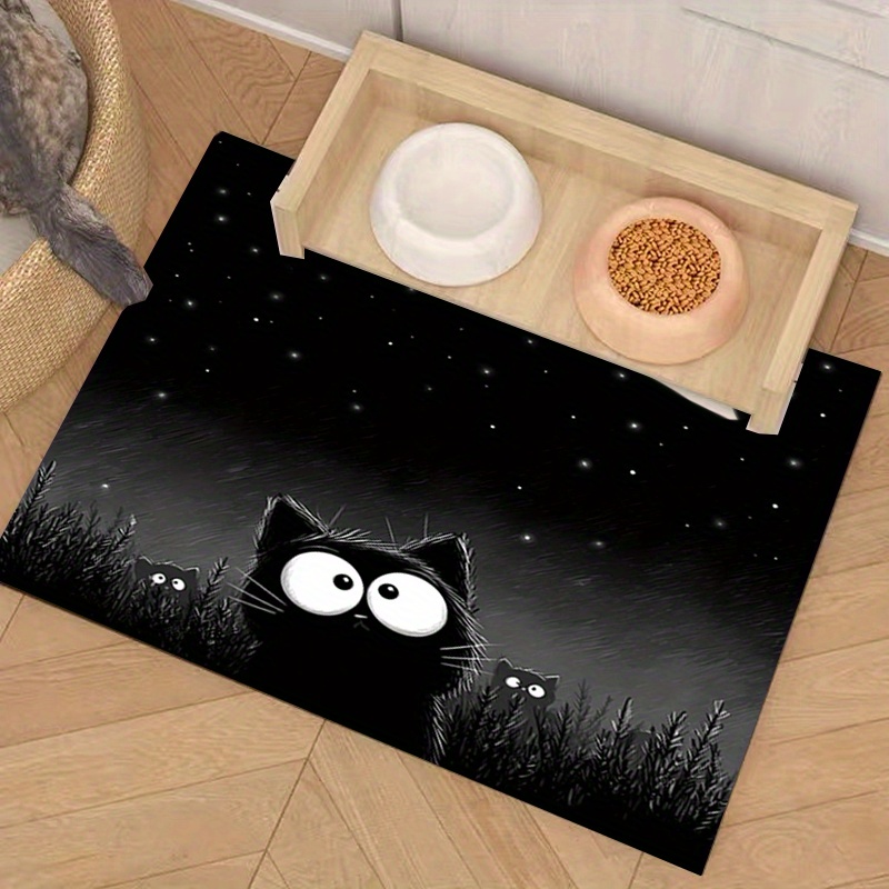 TEMU 1pc, Starry Black Cat Printed Pet Feeding Mat, Non-slip Rubber Material, Featuring Black Gradient Starry Sky And Black Cartoon Cat Pattern,