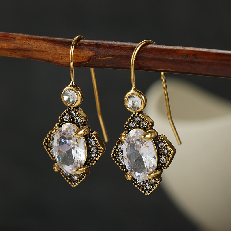 TEMU Vintage Inlaid White Cubic Zirconia Drop Women's Earrings Golden Color Geometry Daily Wear Party Jewelry Anniversary Gift